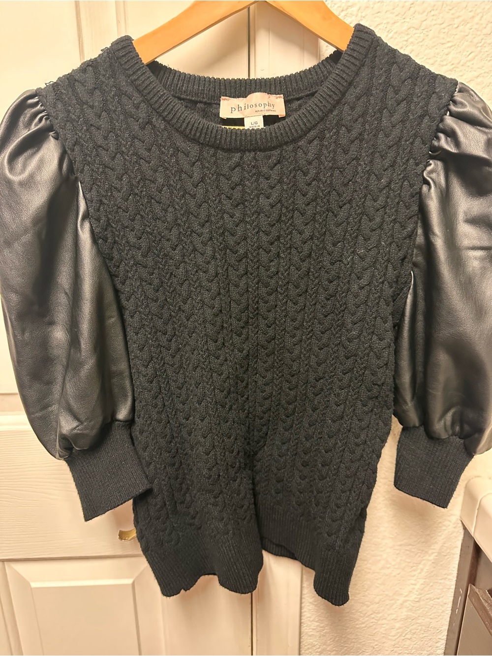 Philosophy Black Cable Knit Sweater with Puff Faux-Leather Sleeves